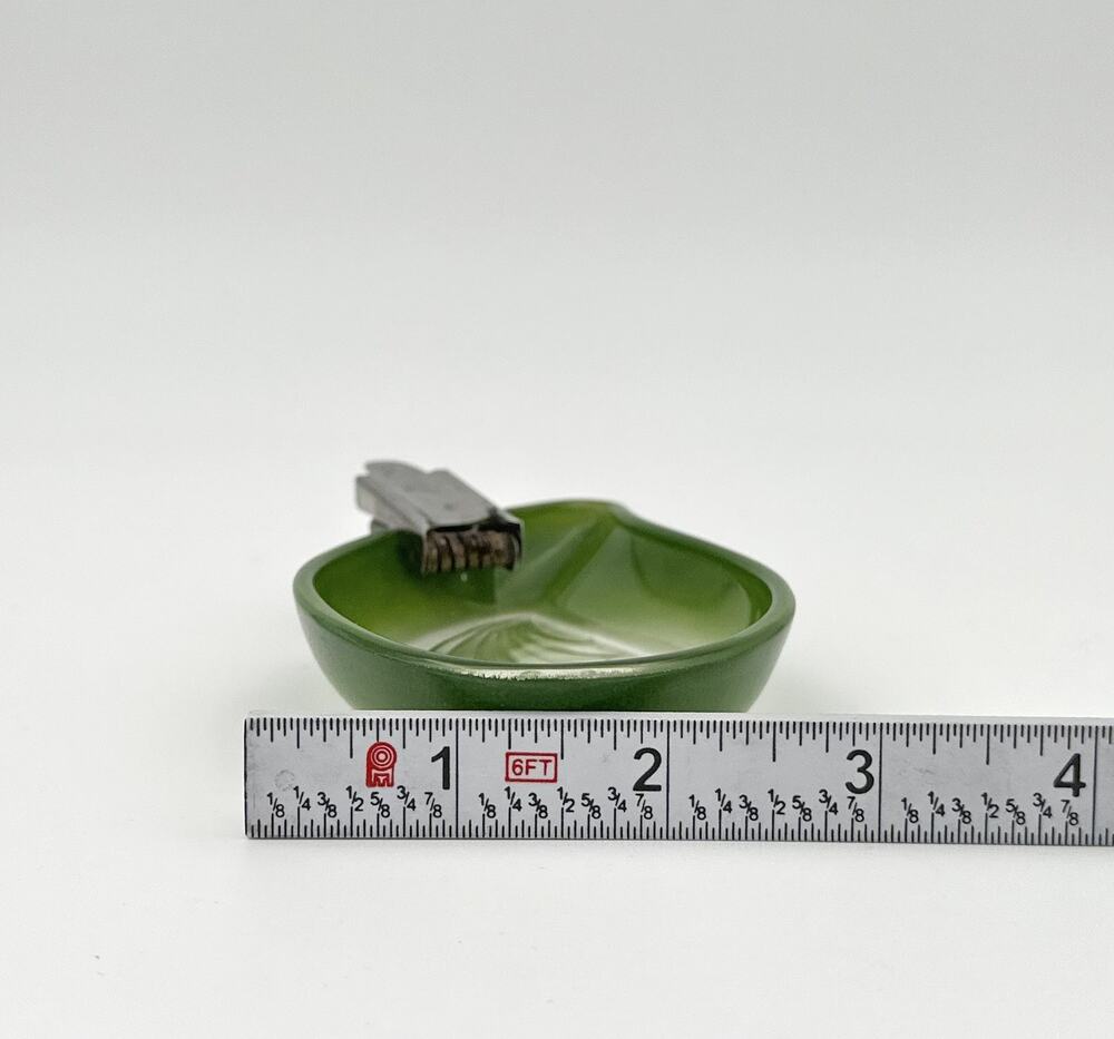 Vintage Green Glass Leaf Ashtray, Chrome Cigarette Holder, MCM
